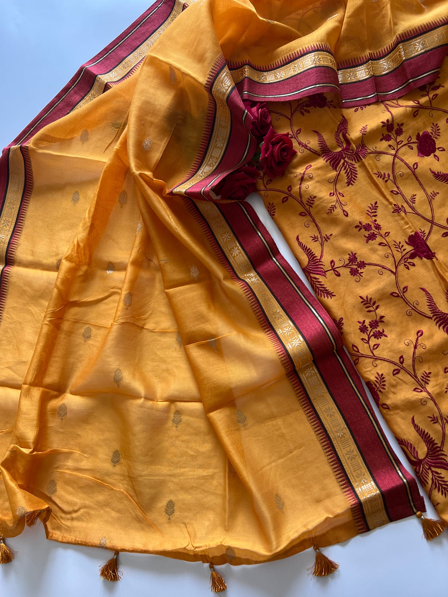 Yellow Pure Chanderi Parsi Thread embroidered Unstitched Suit
