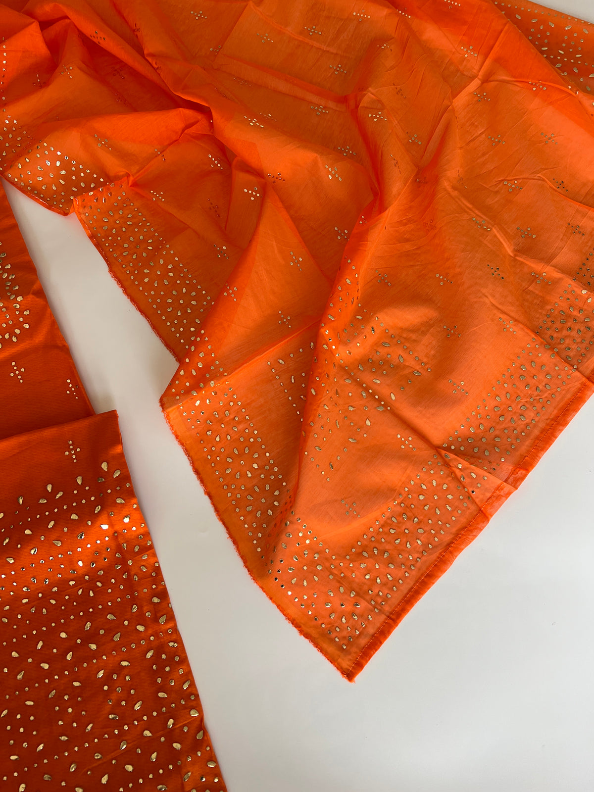 Orange Mul Chanderi dress material with mukaish geometric