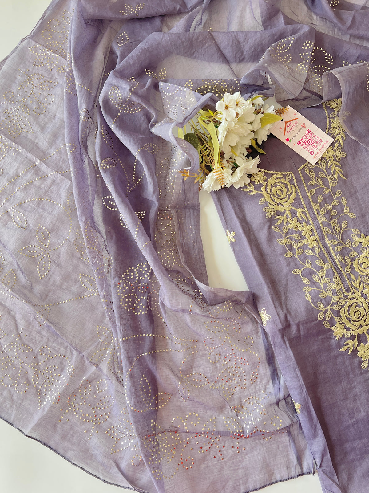 Mul Chanderi dress material with pitta and mukaish work dupatta
