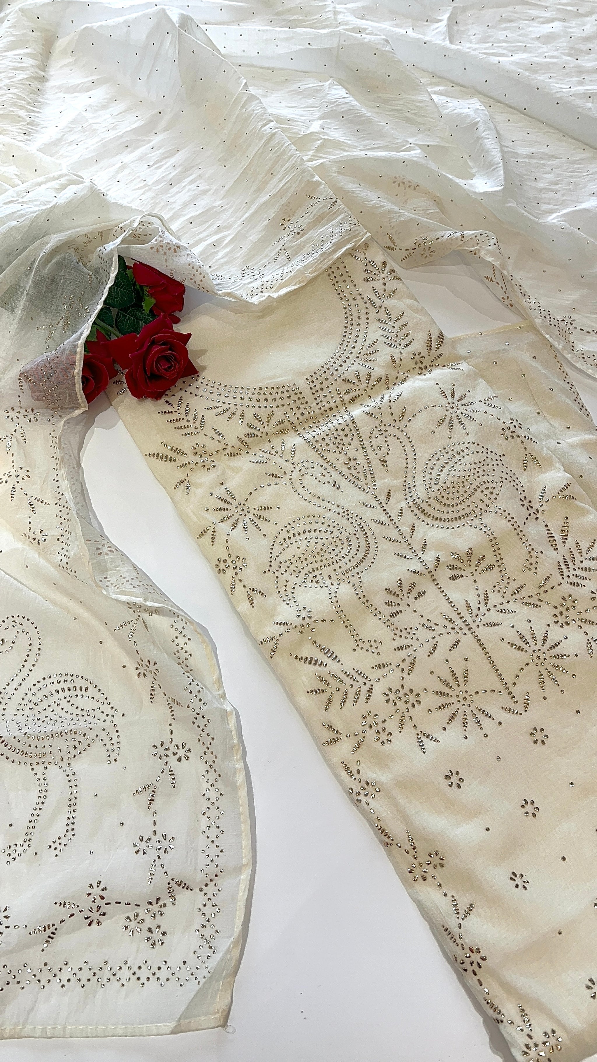 Off White Mul Chanderi dress material with mukaish -Flamingo