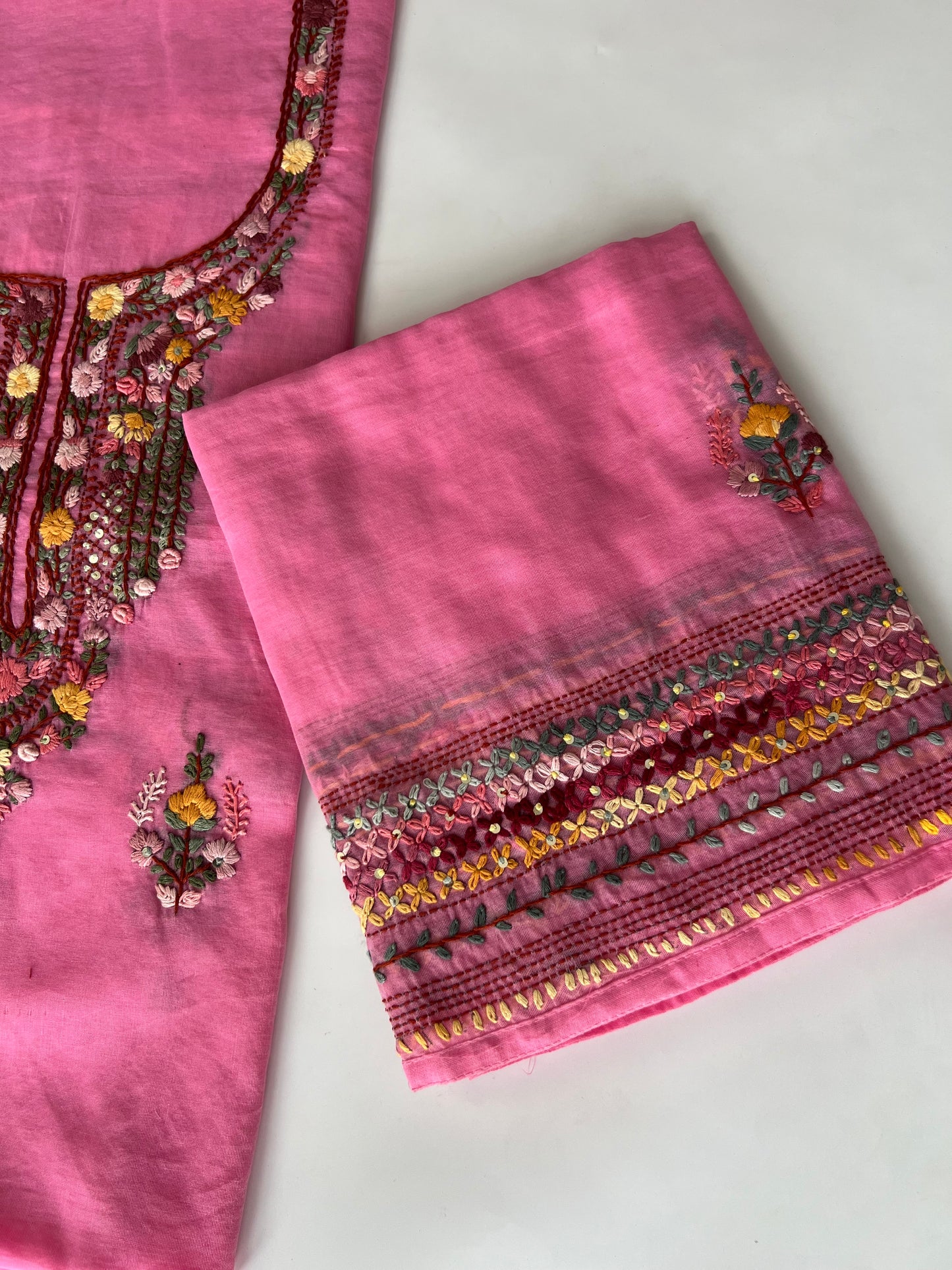 Pink Chanderi knot embroidery Unstitched suit material