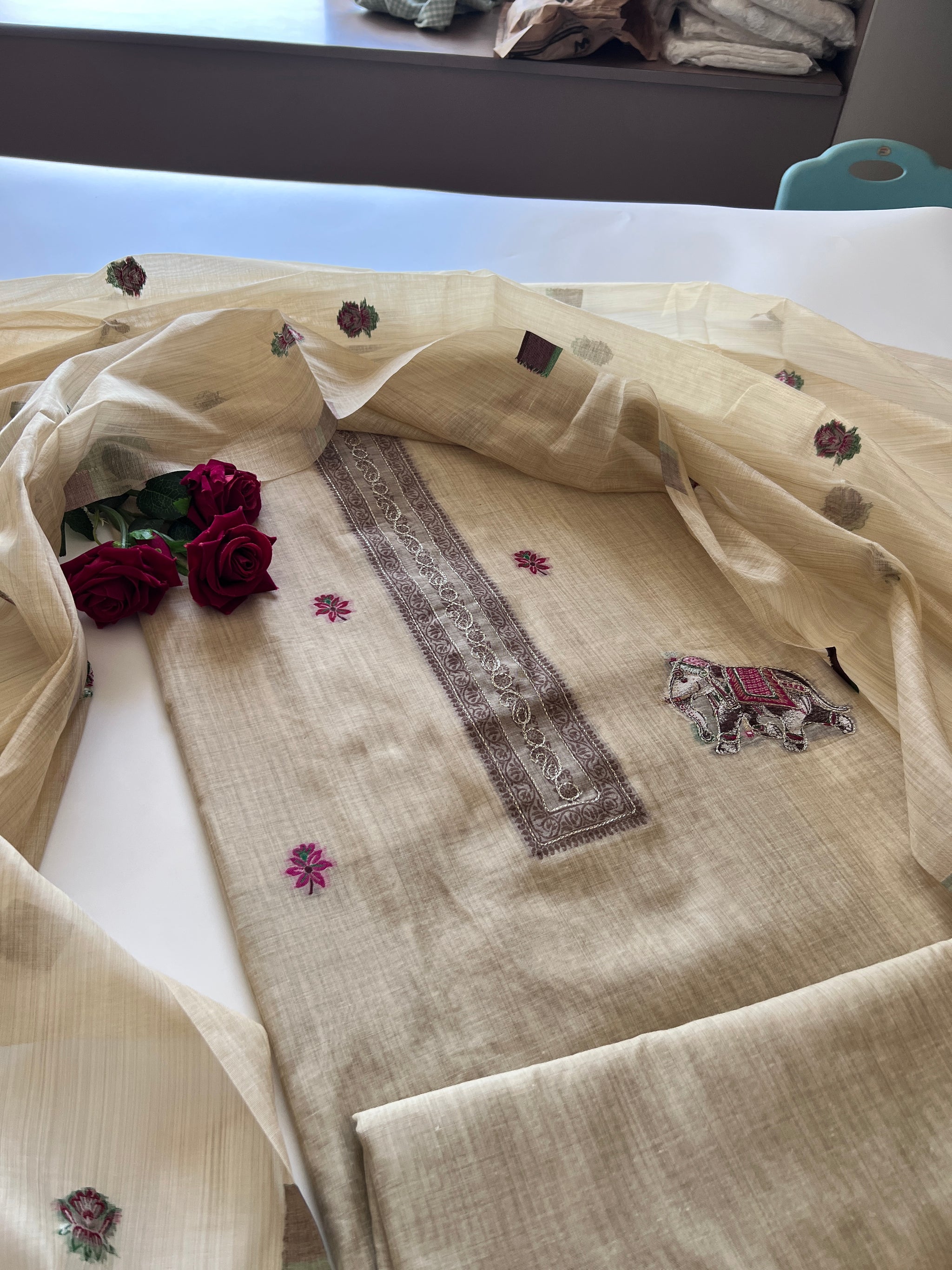Beige Cotton Jamdani work dress material unstitched Suit set