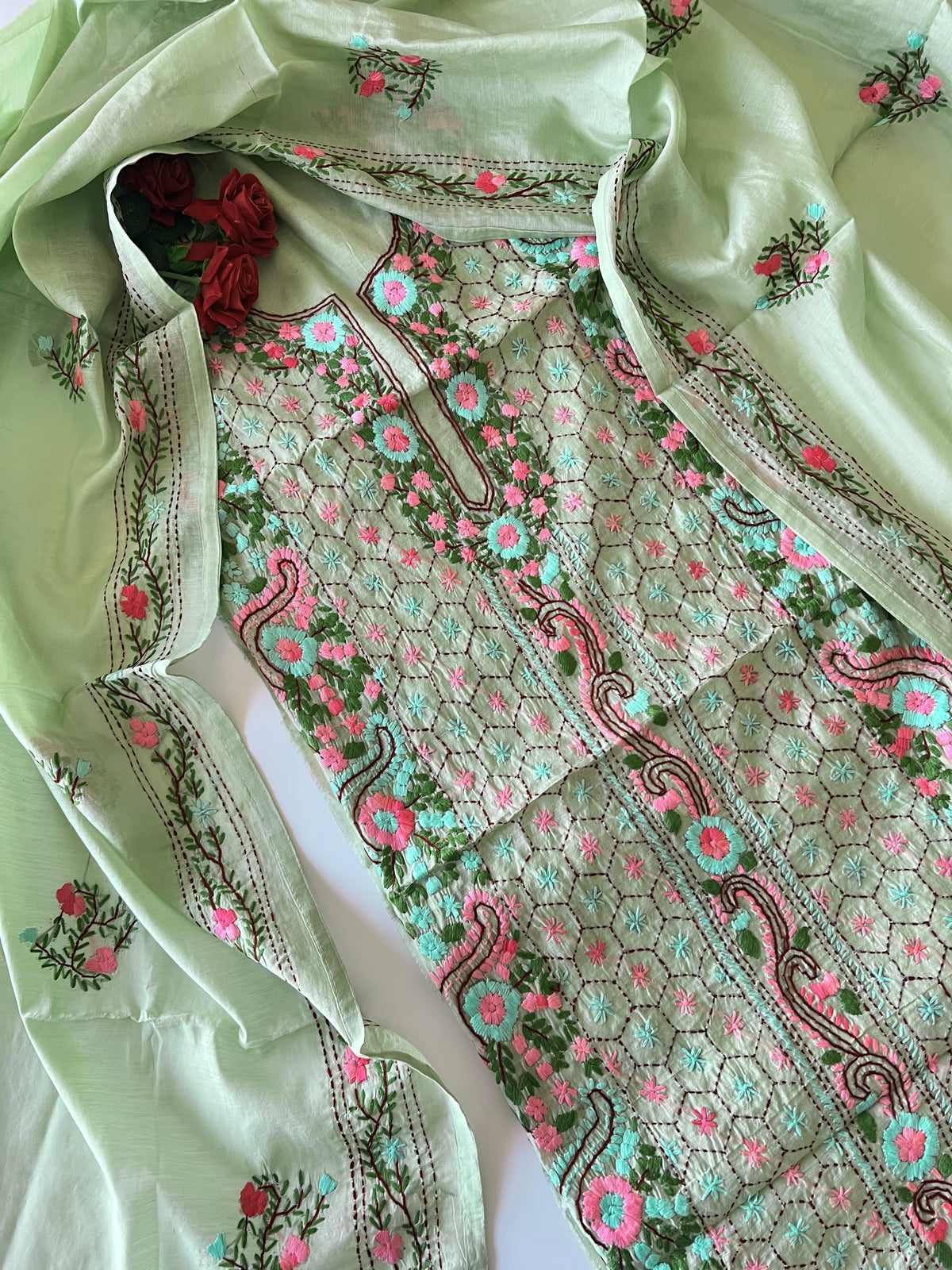 Pista green Phulkari embroidery Unstitched suit material