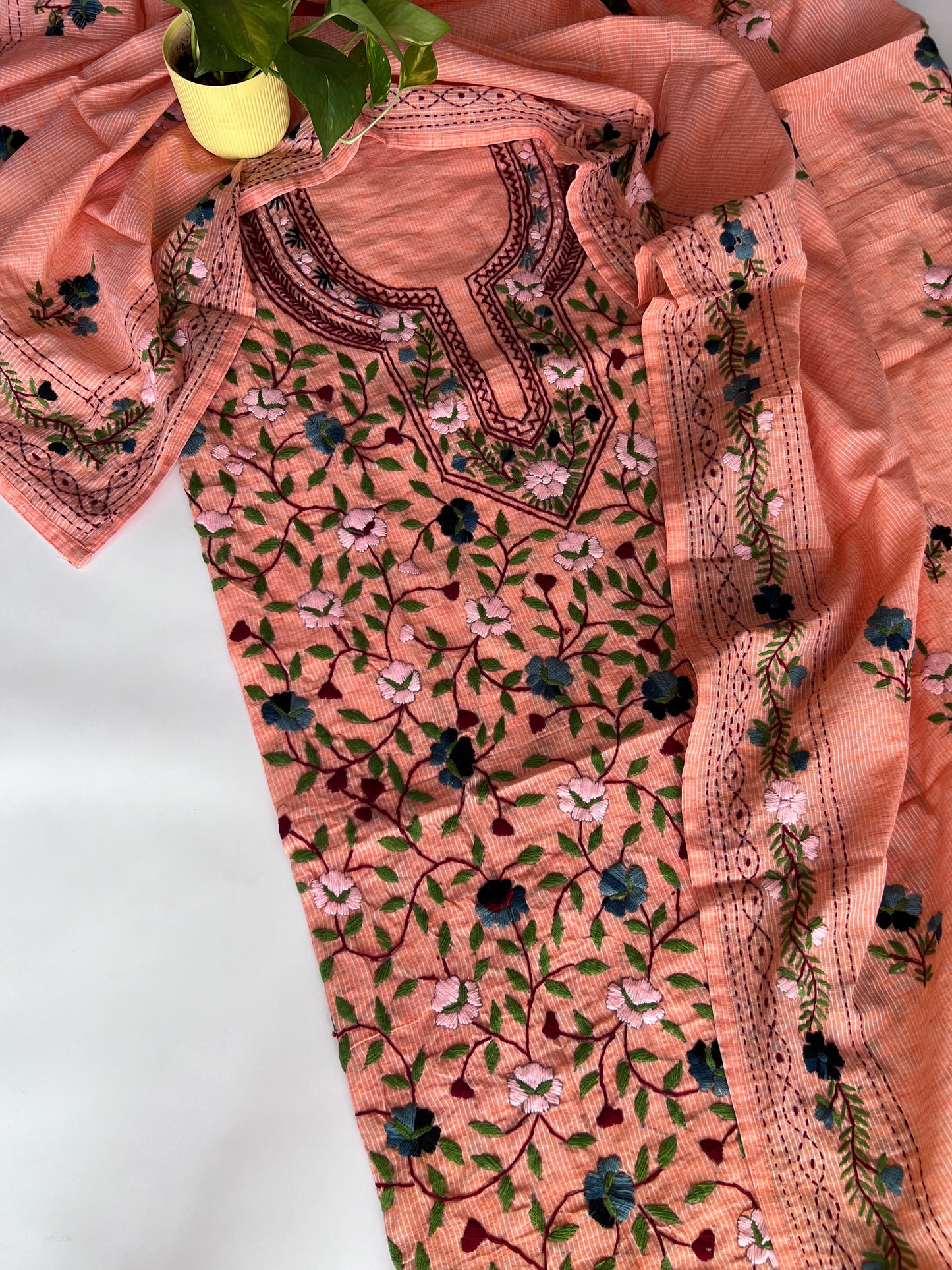 Peach Chanderi knot embroidery Unstitched suit material