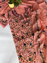 Peach Chanderi knot embroidery Unstitched suit material