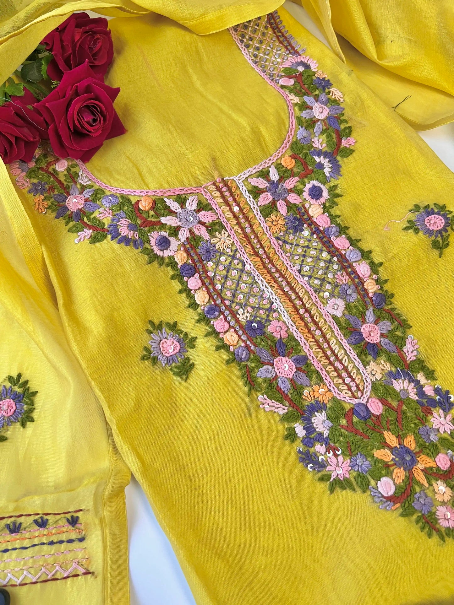 Chanderi knot embroidery Unstitched suit material