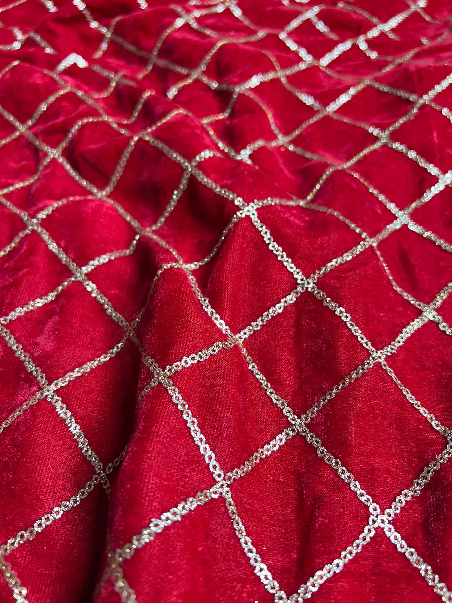 Red velvet sequin embroidered fabric