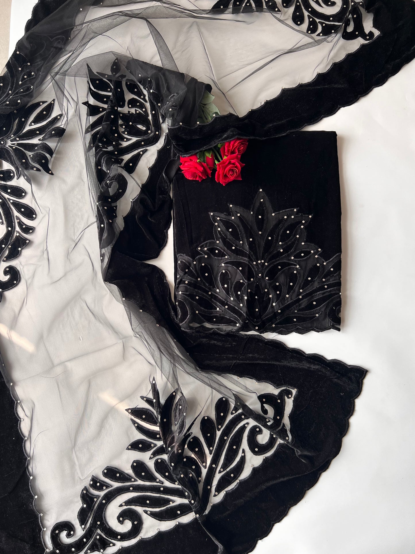 Black Velvet cut work designer party wear unstitched suit set