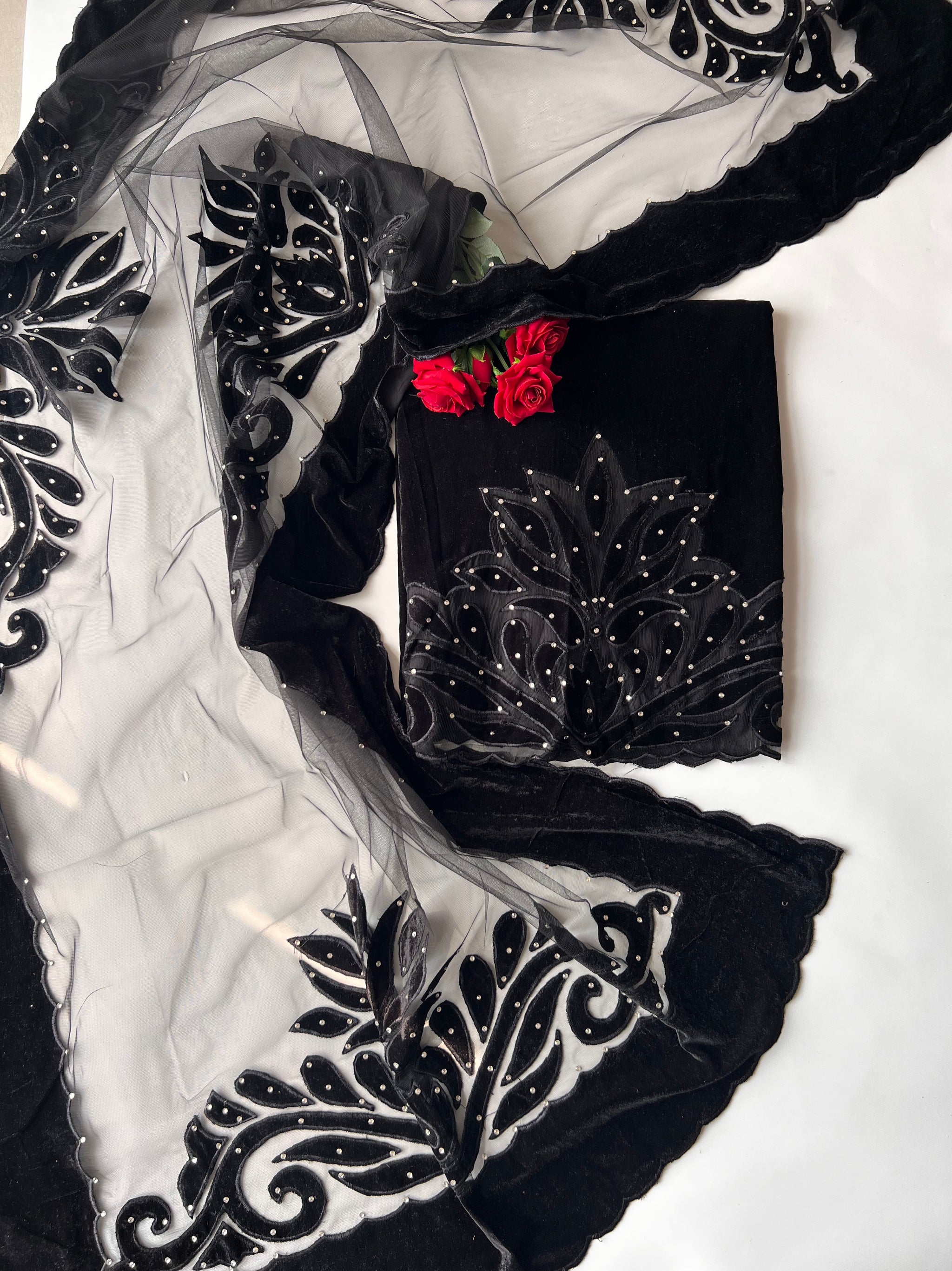 Black Velvet cut work designer party wear unstitched suit set