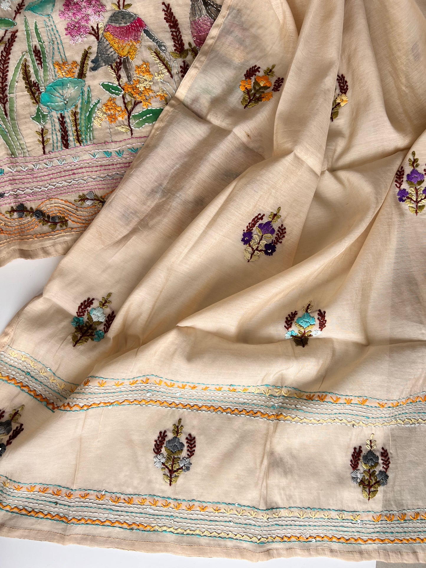 Cream bullion knot embroidery and paint Unstitched suit material