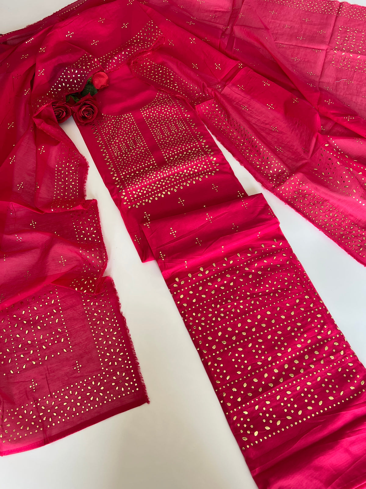 Pink Mul Chanderi dress material with mukaish geometric
