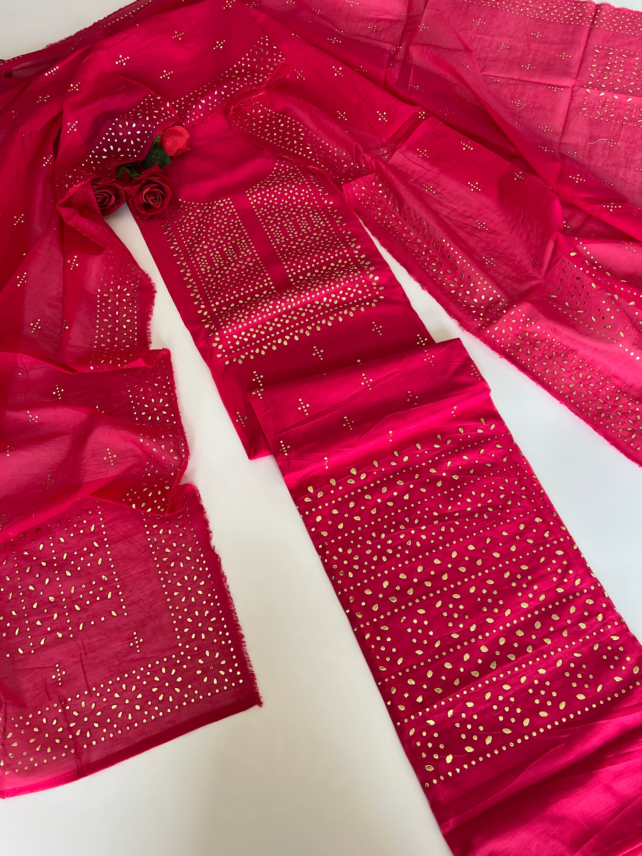 Pink Mul Chanderi dress material with mukaish geometric