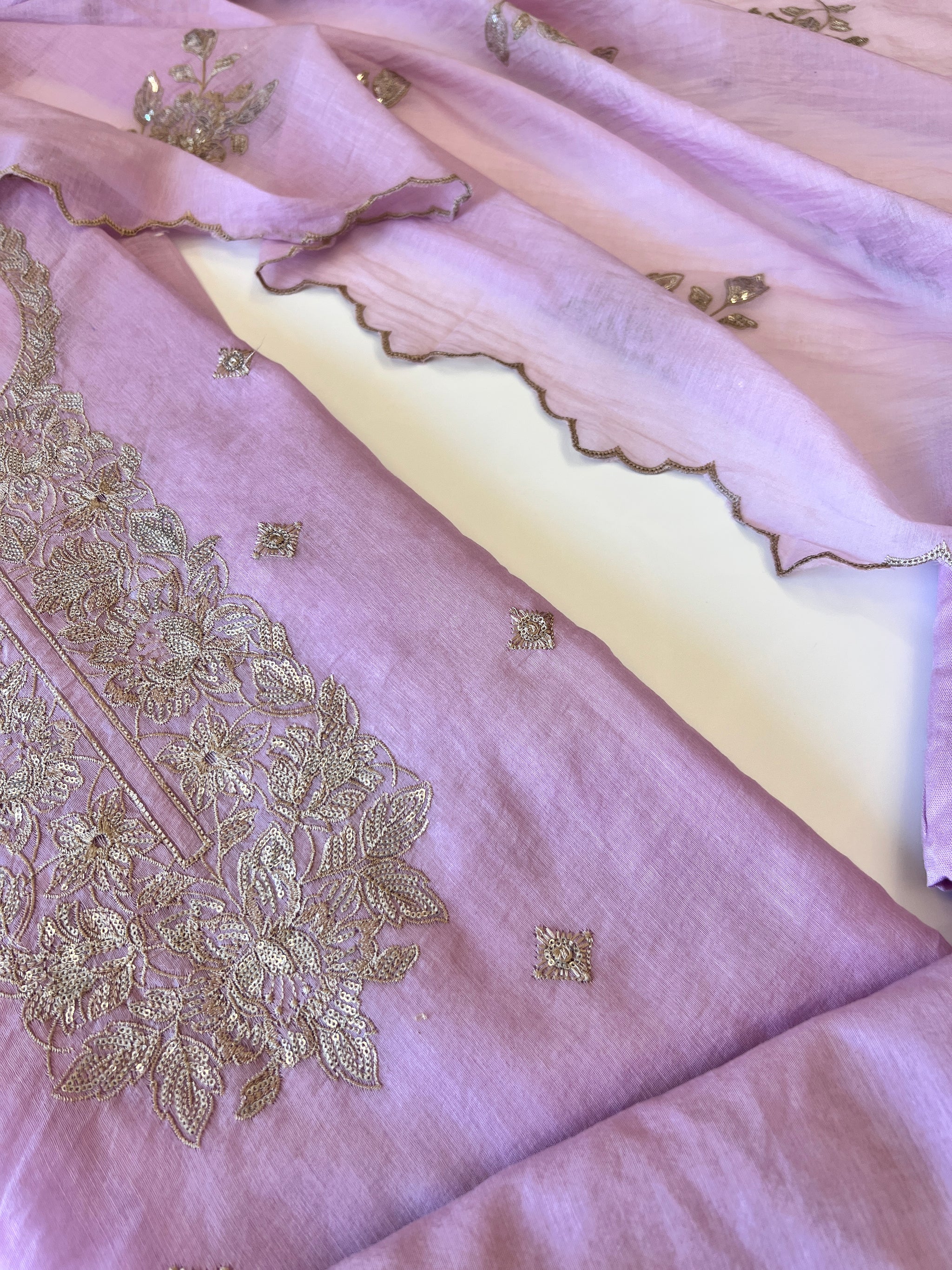 Pastel Purple Mul Chanderi Sequin embroidered Unstitched Suit
