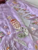 Purple 3D Embroidery on semi Organza premium unstitched dress material with floral work