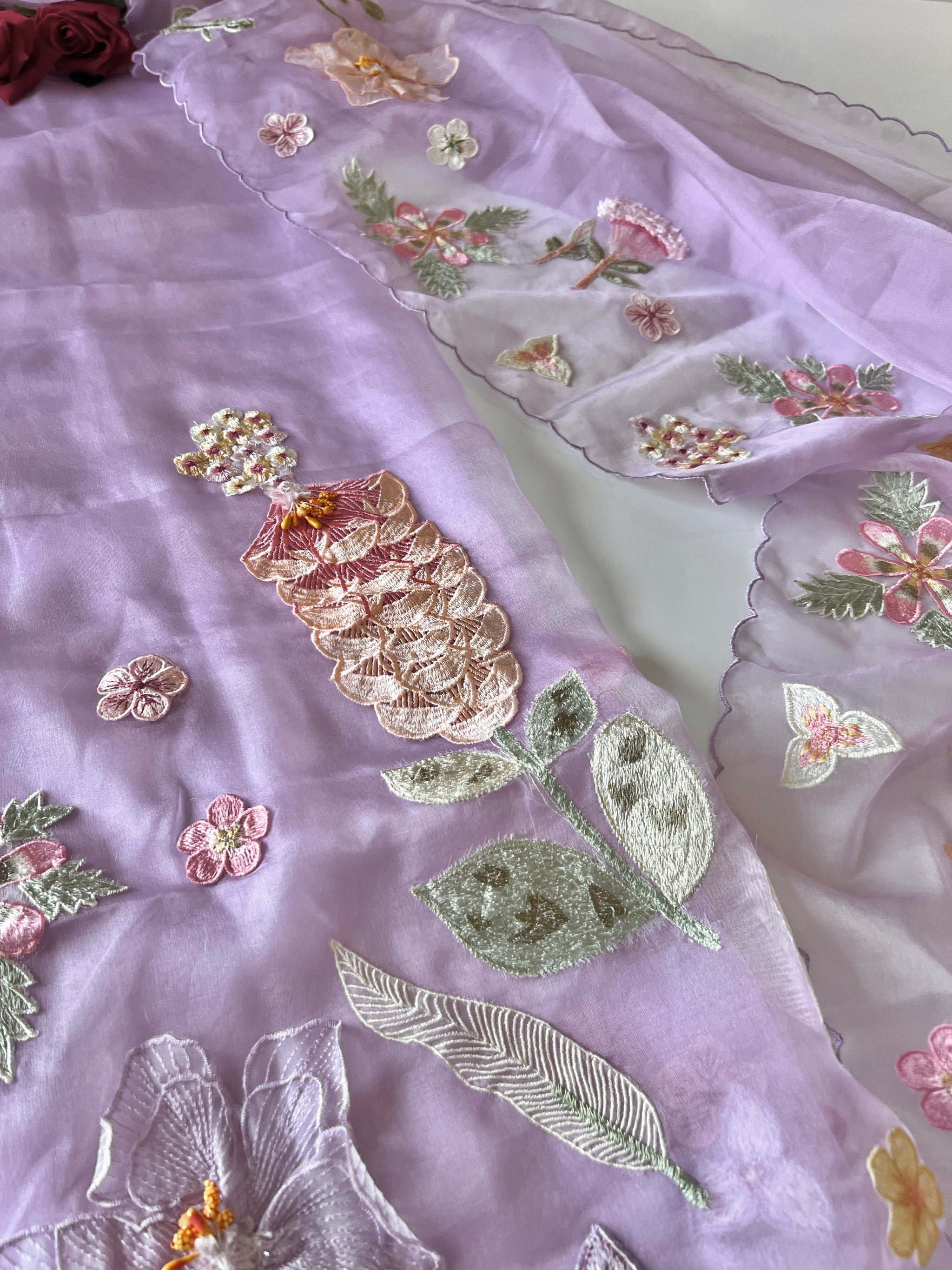 Purple 3D Embroidery on semi Organza premium unstitched dress material with floral work