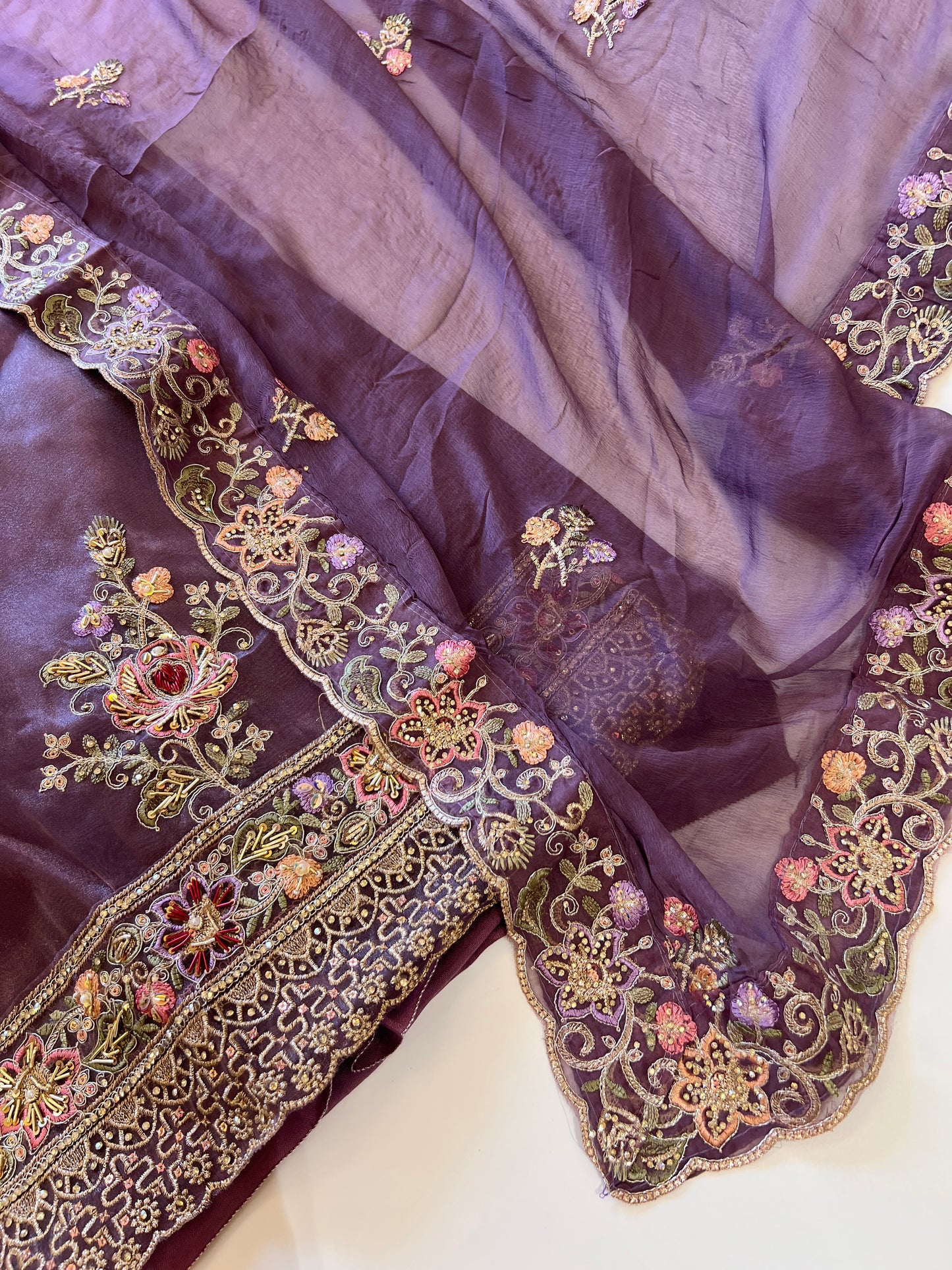 Purple Tissue partywear embroidered suit set unstitched