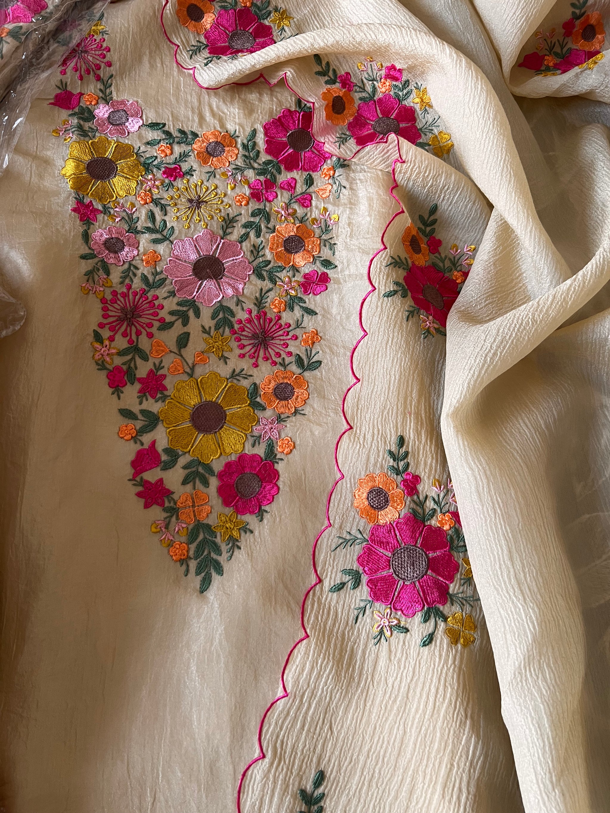 Sunflower Embroidery Crush tissue Silk Dress material