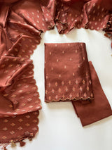 Brown Raw Mango handloom embroidered unstitched suit.