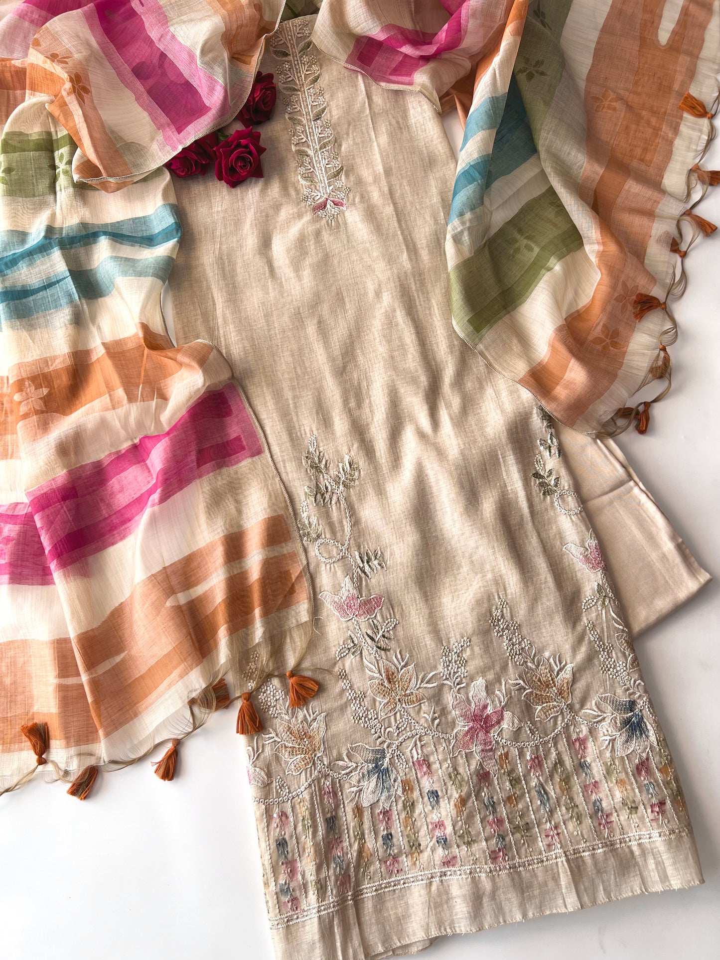 Linen with multi color embroidery and dupatta,, Unstitched suit material
