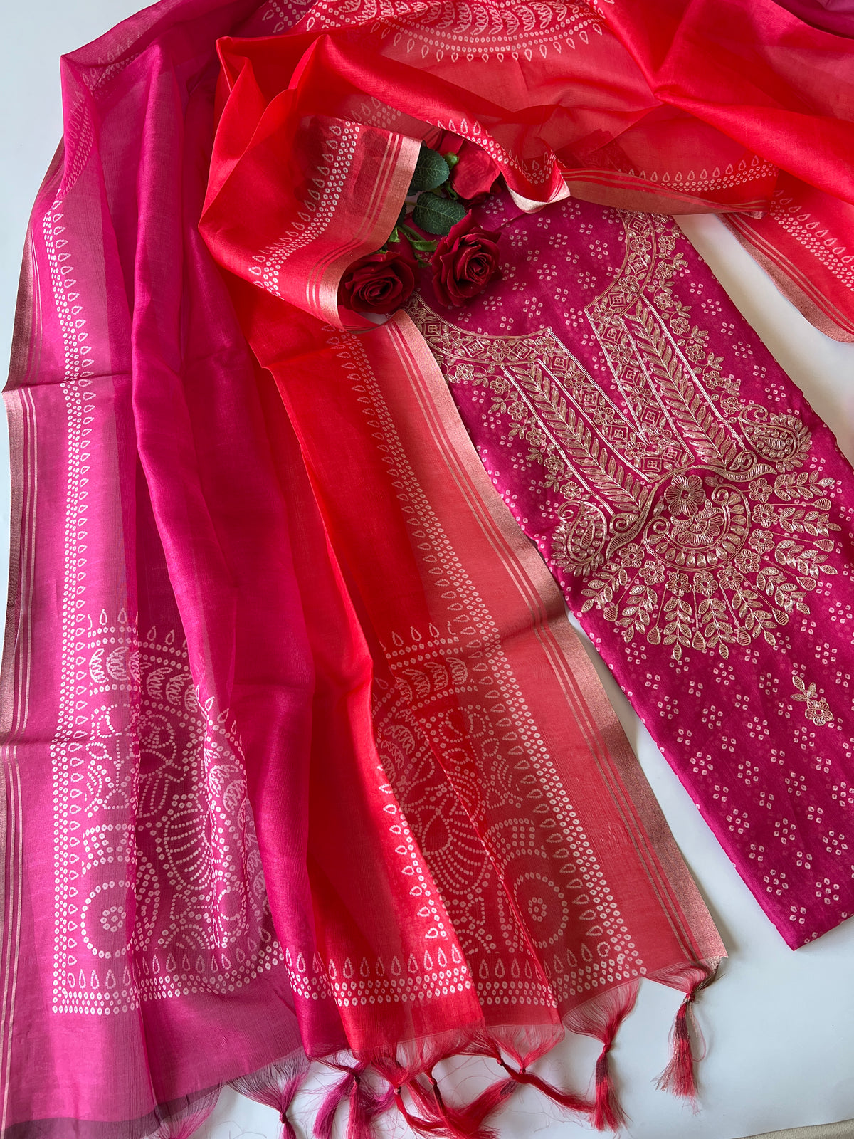 Pink soft Organza crepe with Pitta work and bandej