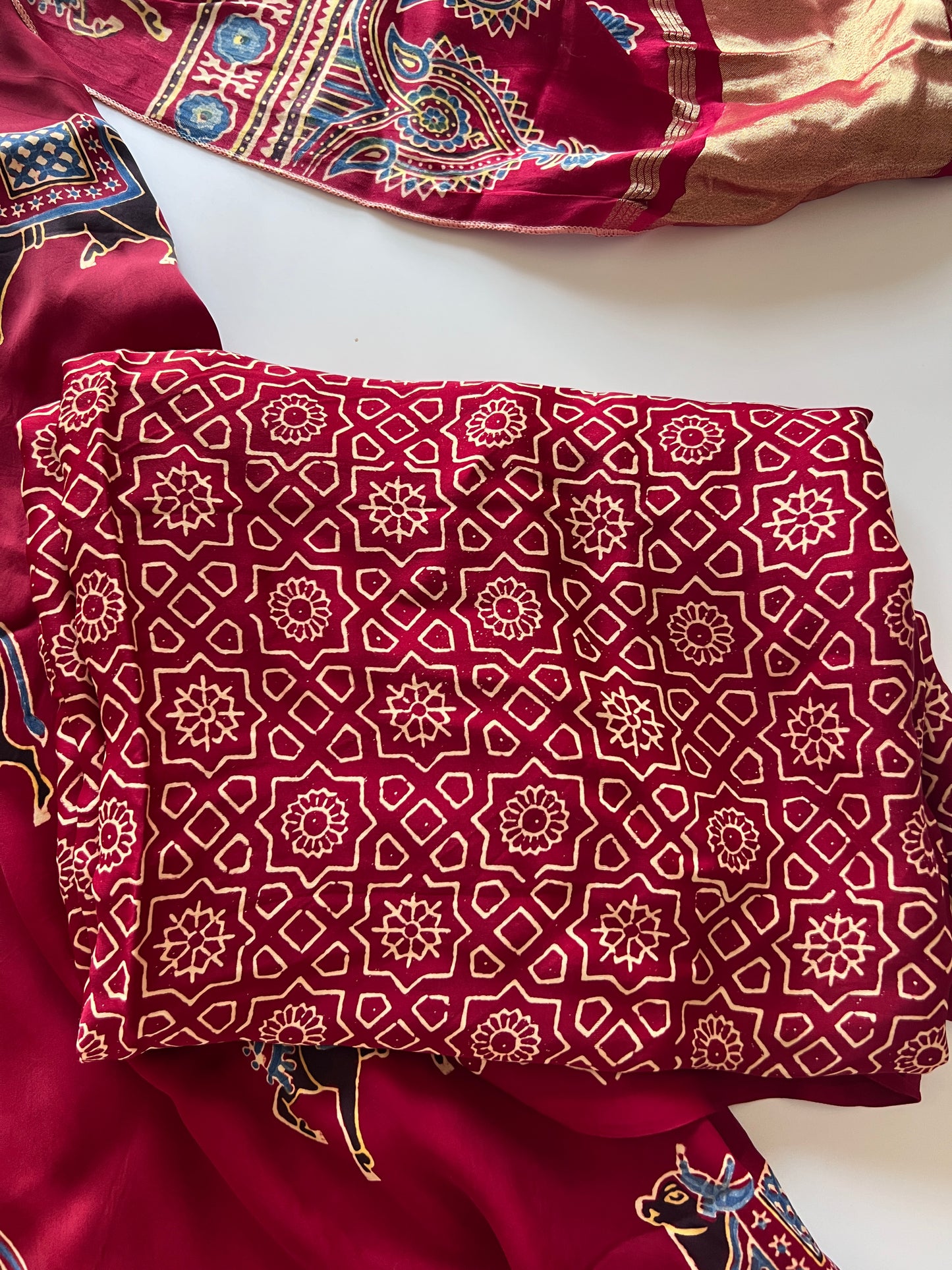 Maroon Ajrakh Handblock print 3 pc fabric Unstitched suit set