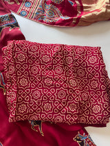Maroon Ajrakh Handblock print 3 pc fabric Unstitched suit set