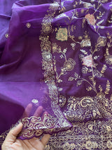 Pure Silk Organza Full embroidered premium unstitched suit in Purple