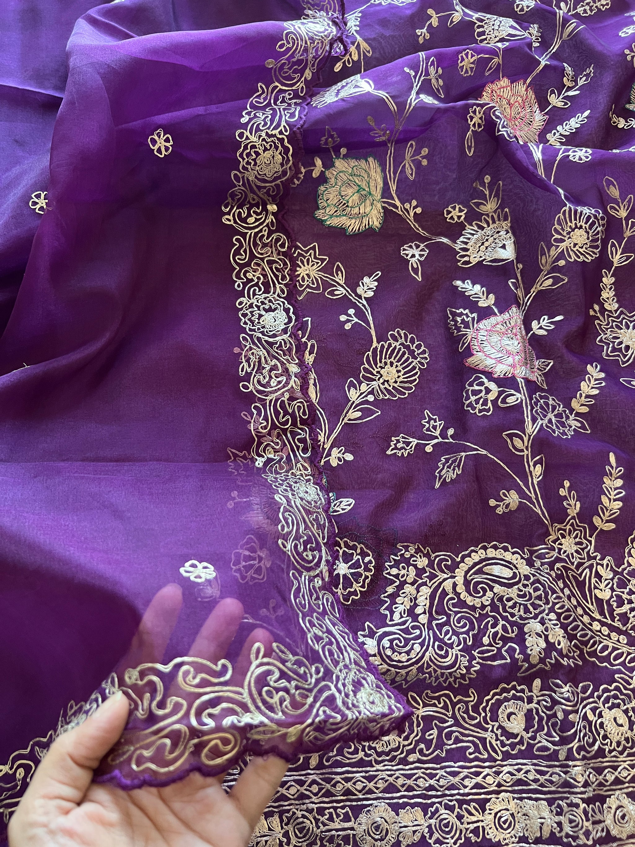 Pure Silk Organza Full embroidered premium unstitched suit in Purple