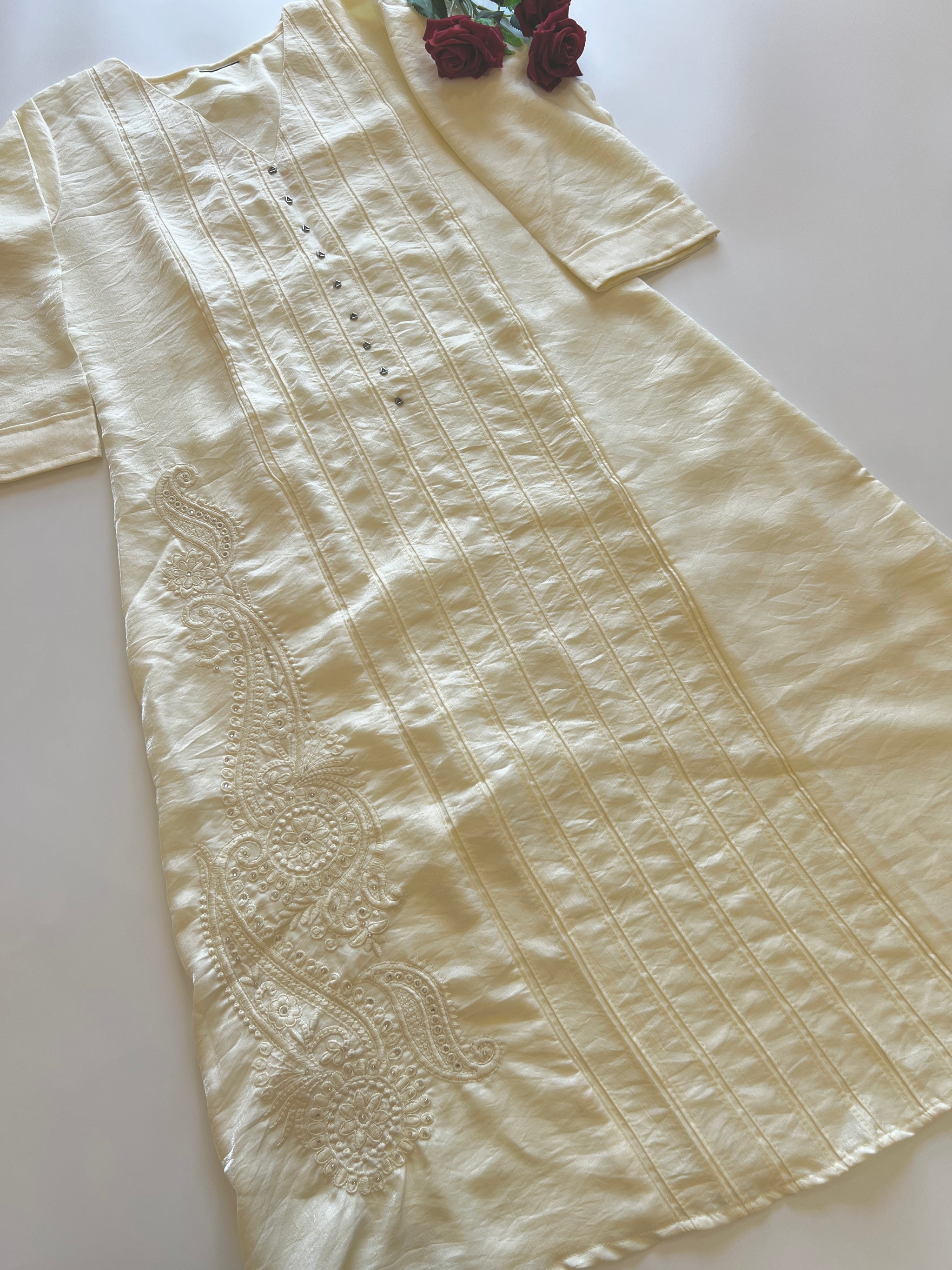 Cream Crush Fabric Kurta with embroidery