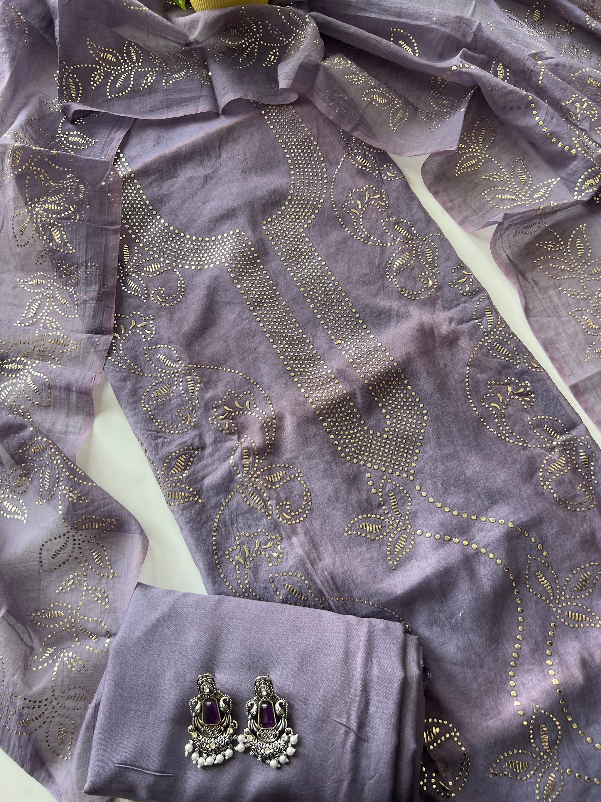 Purple Mul Chanderi dress material with mukaish