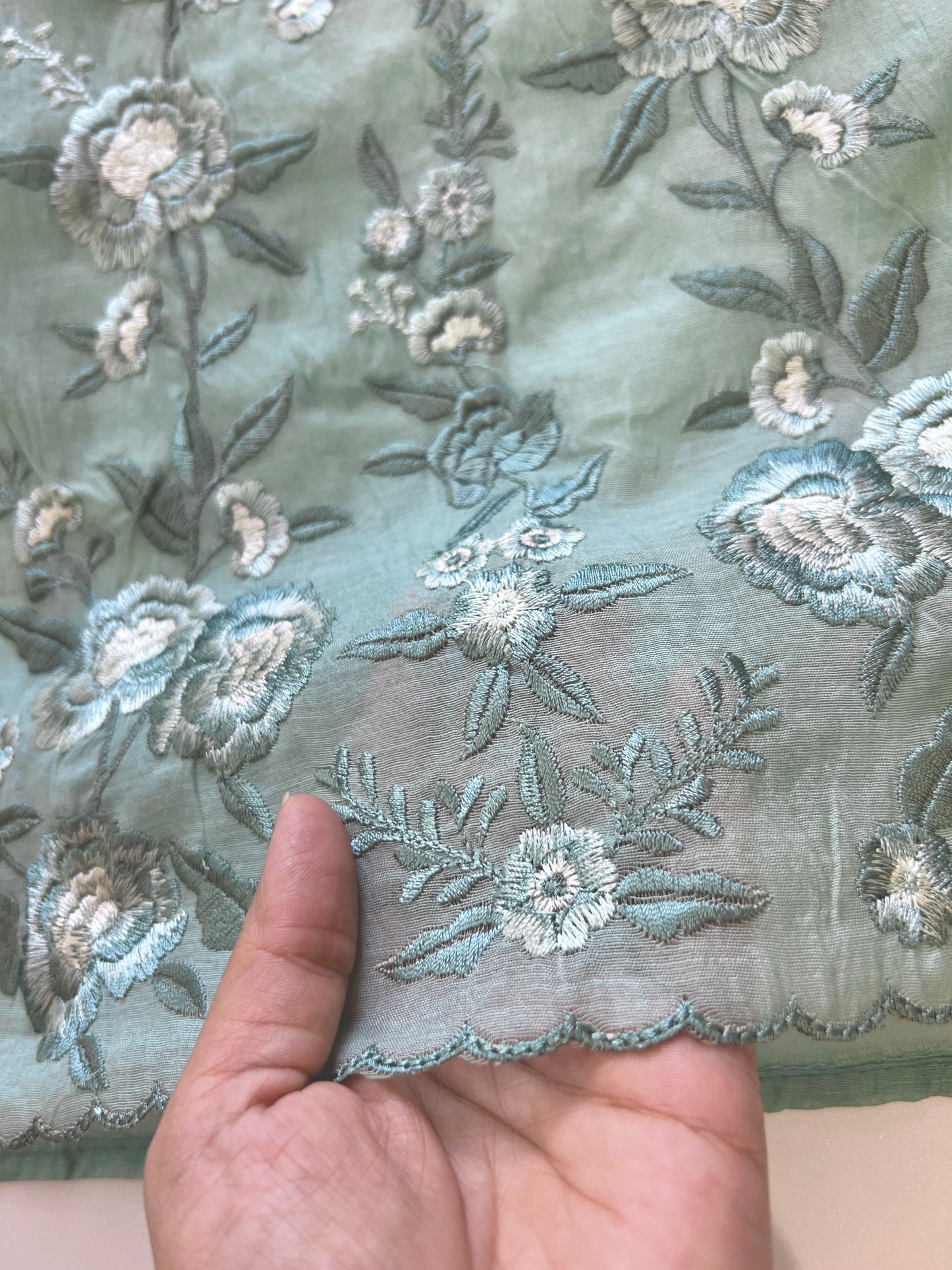 Aqua shade Mul Chanderi Thread embroidered Unstitched Suit