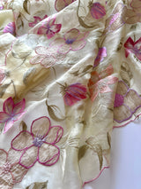 Floral Embroidery on Pure Silk Organza premium unstitched dress material in Pastel Yellow