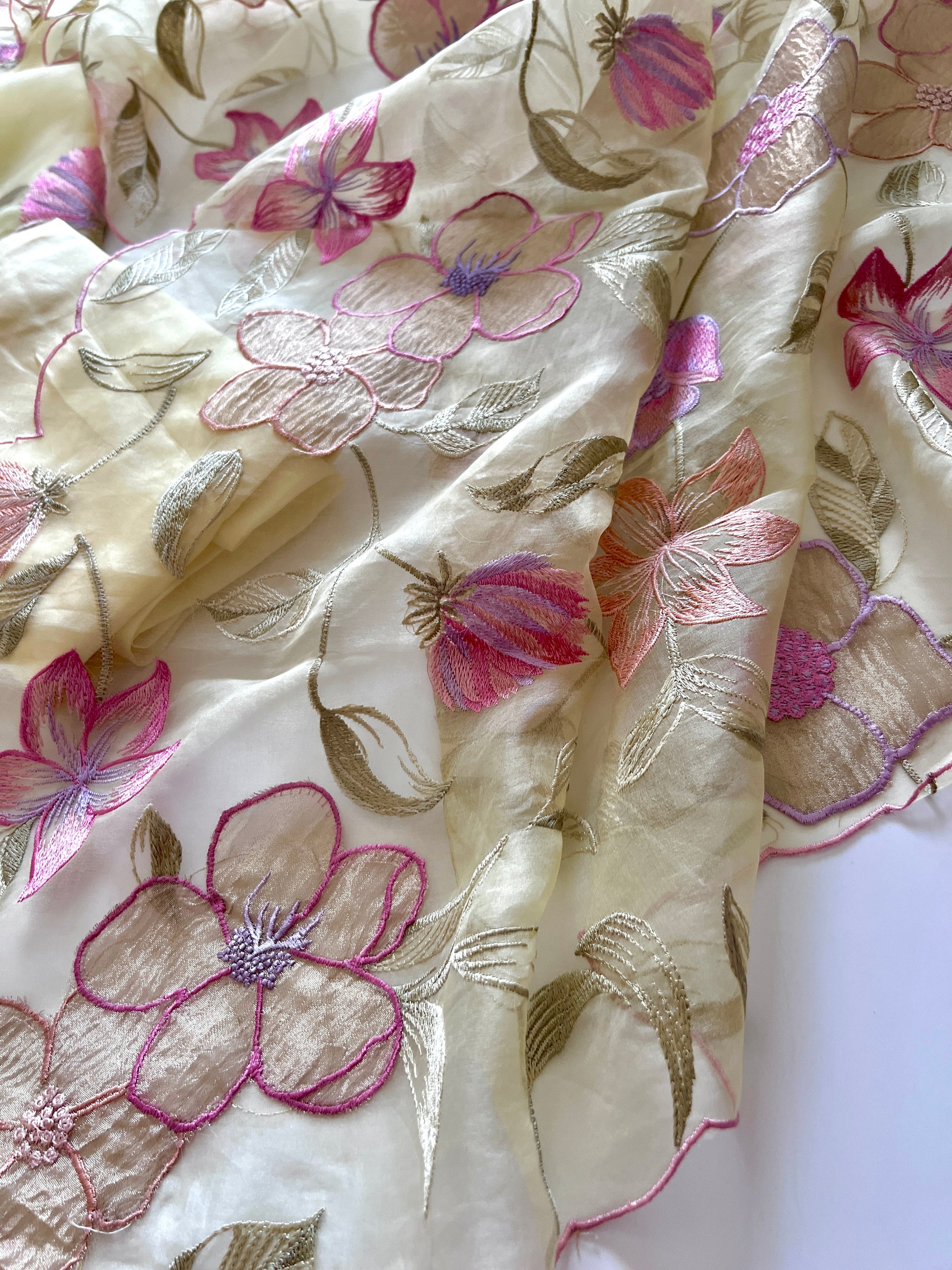 Floral Embroidery on Pure Silk Organza premium unstitched dress material in Pastel Yellow