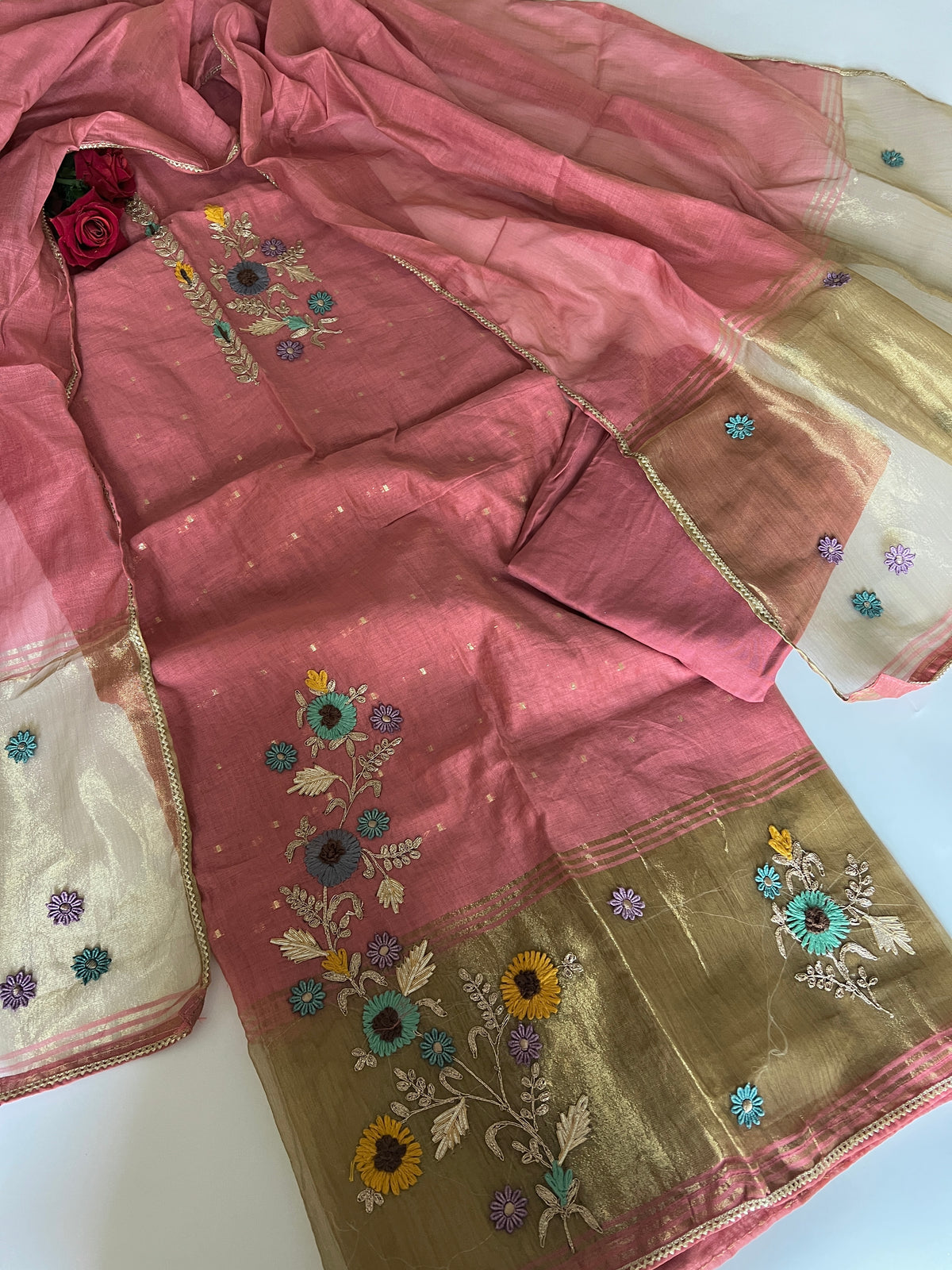 Pink Floral Embroidery tissue Jamdani Dress material