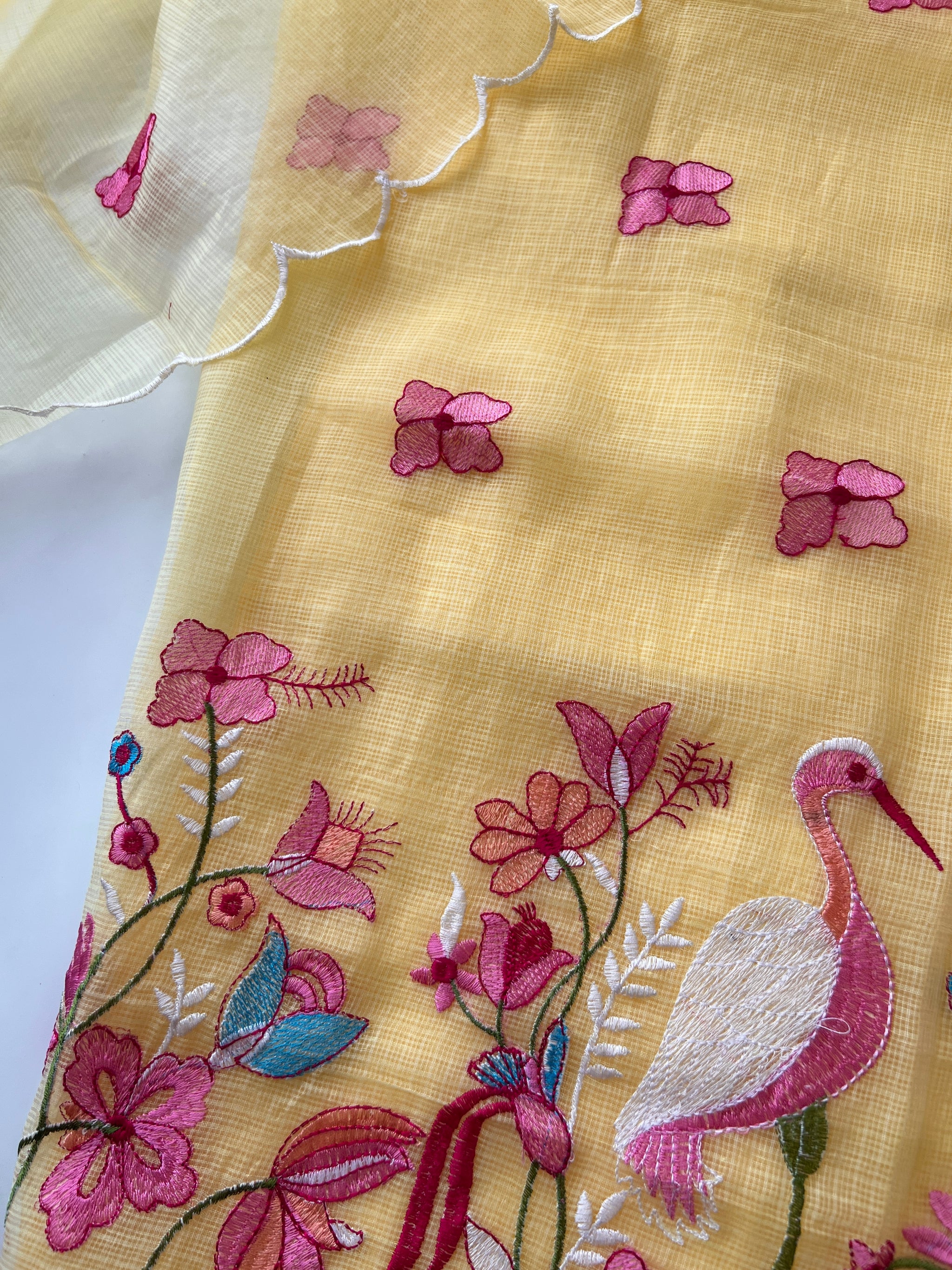 Yellow Kotta with flamingo embroidered kurta dupatta set Unstitched