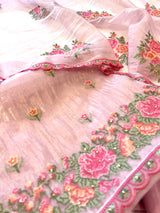 Pink Glass tissue with floral cross stitch embroidery dress material