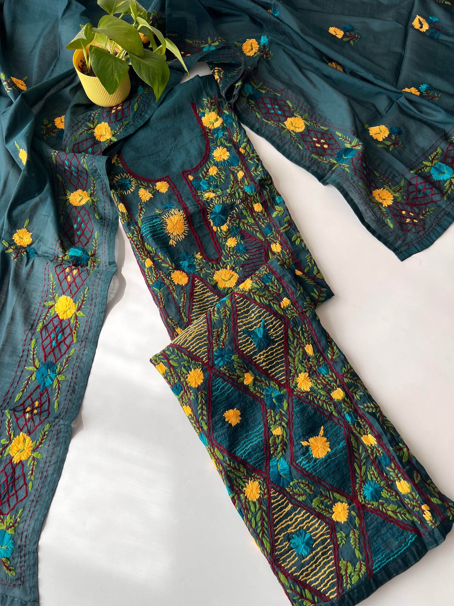 Peacock color Chanderi Phulkari embroidery Unstitched suit material