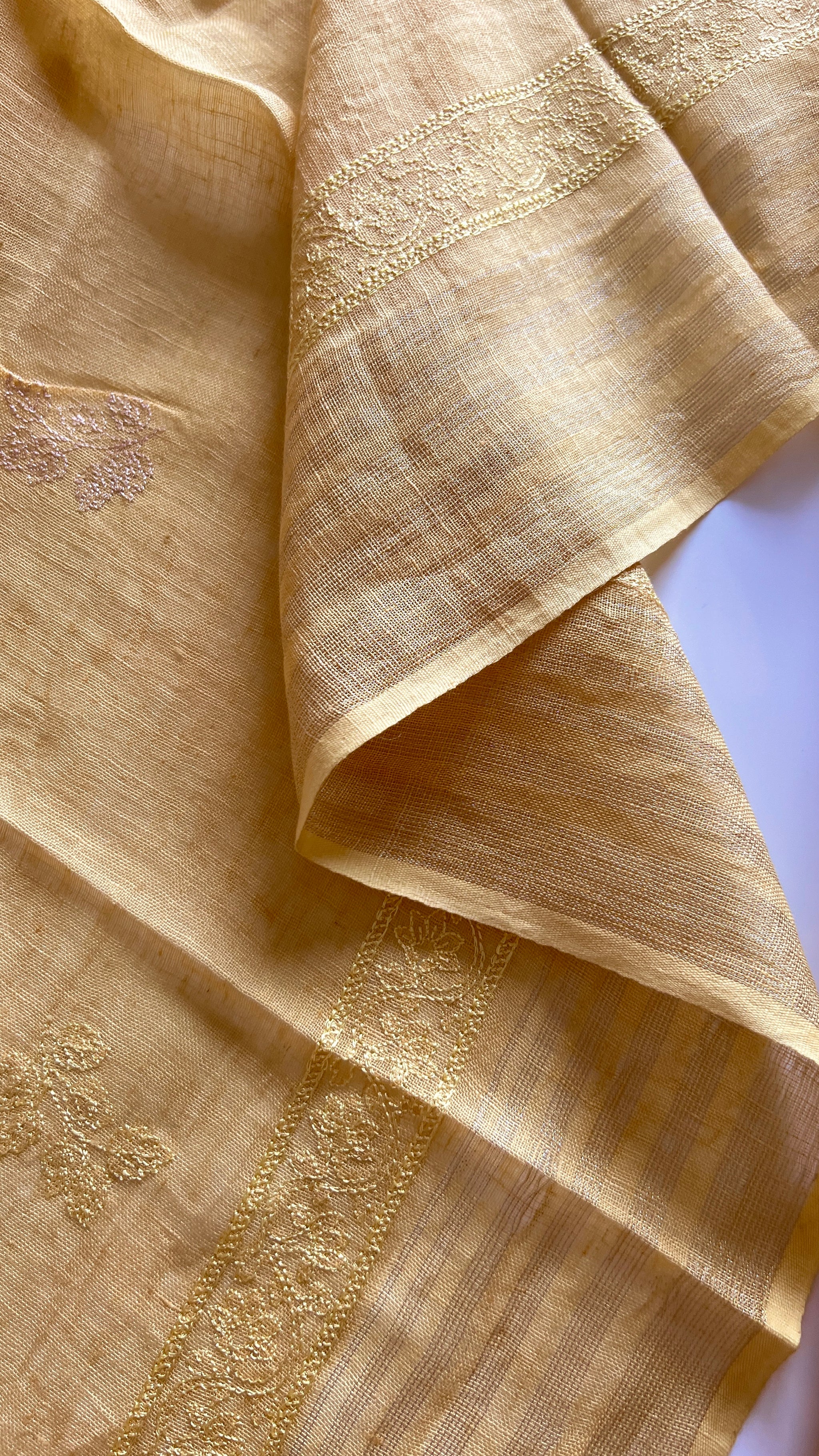 Yellow Pure Linen embroidered premium unstitched dress material