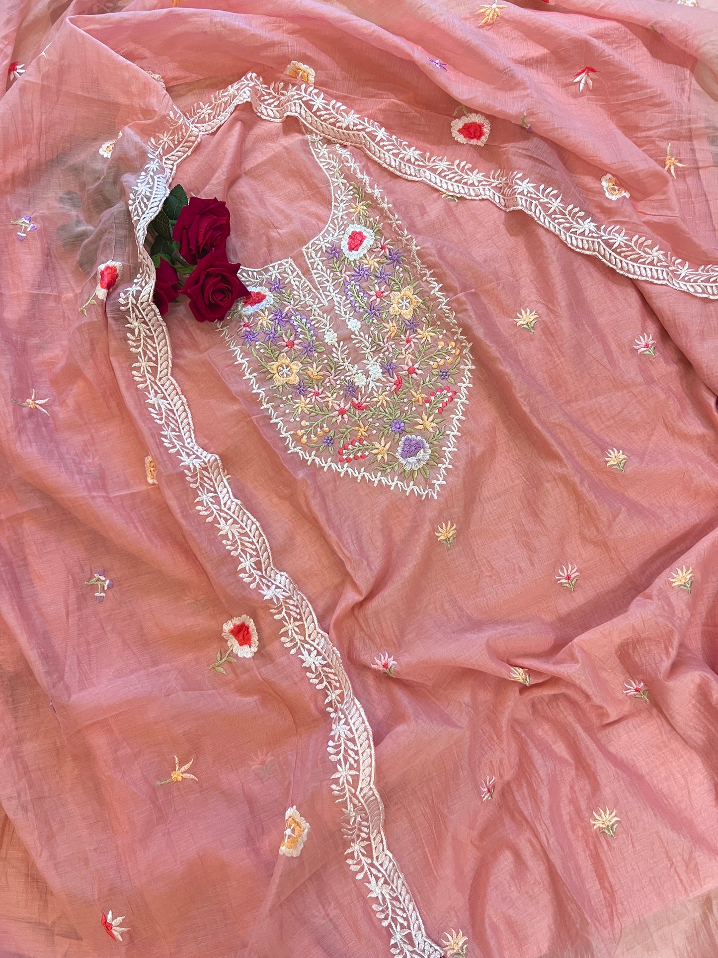 Pink Mul Chanderi Thread embroidered Unstitched Suit