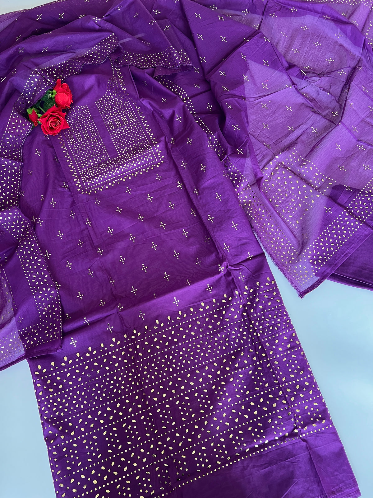 Purple Mul Chanderi dress material with mukaish geometric