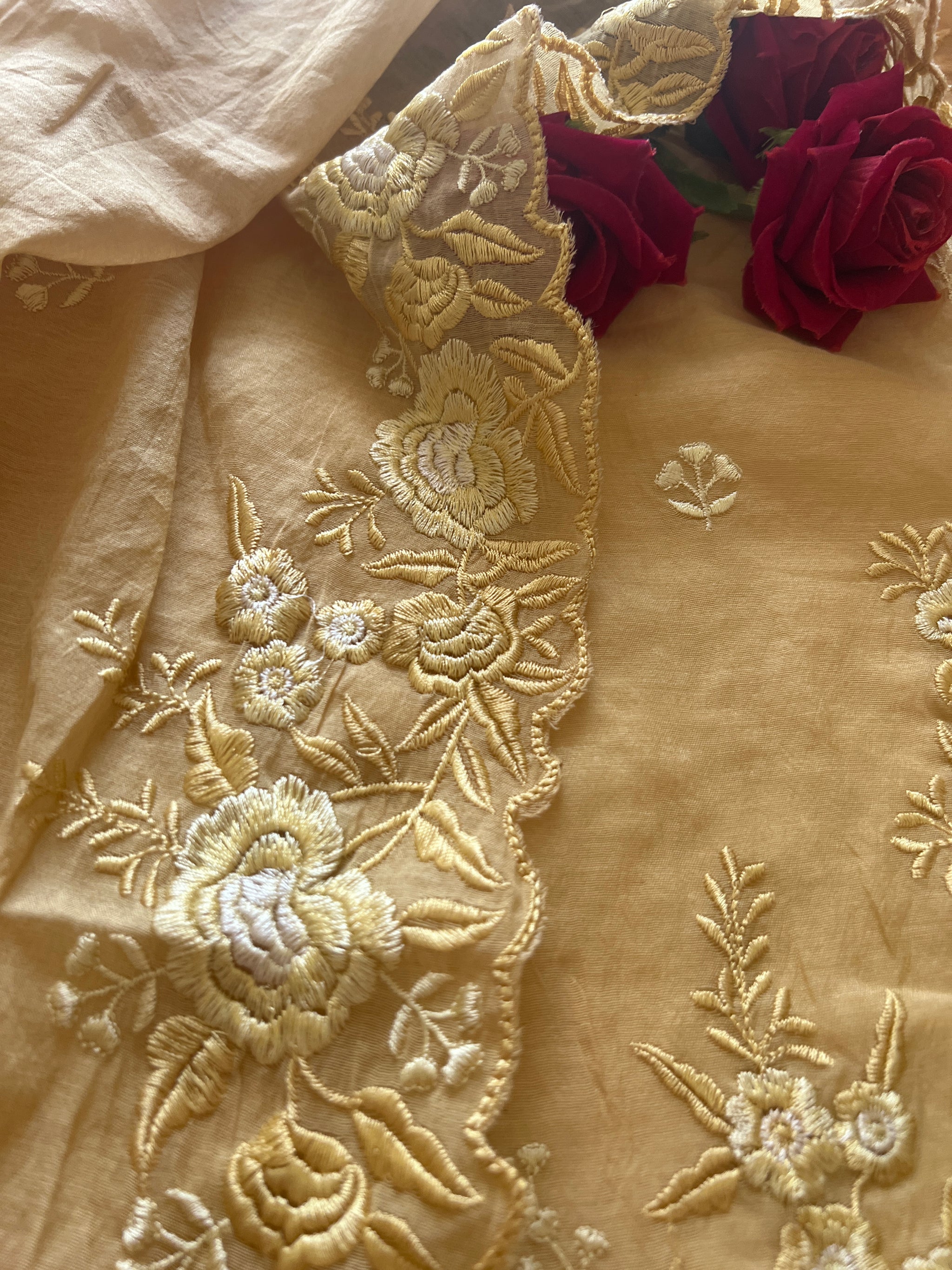 Yellow Mul Chanderi Thread embroidered Unstitched Suit