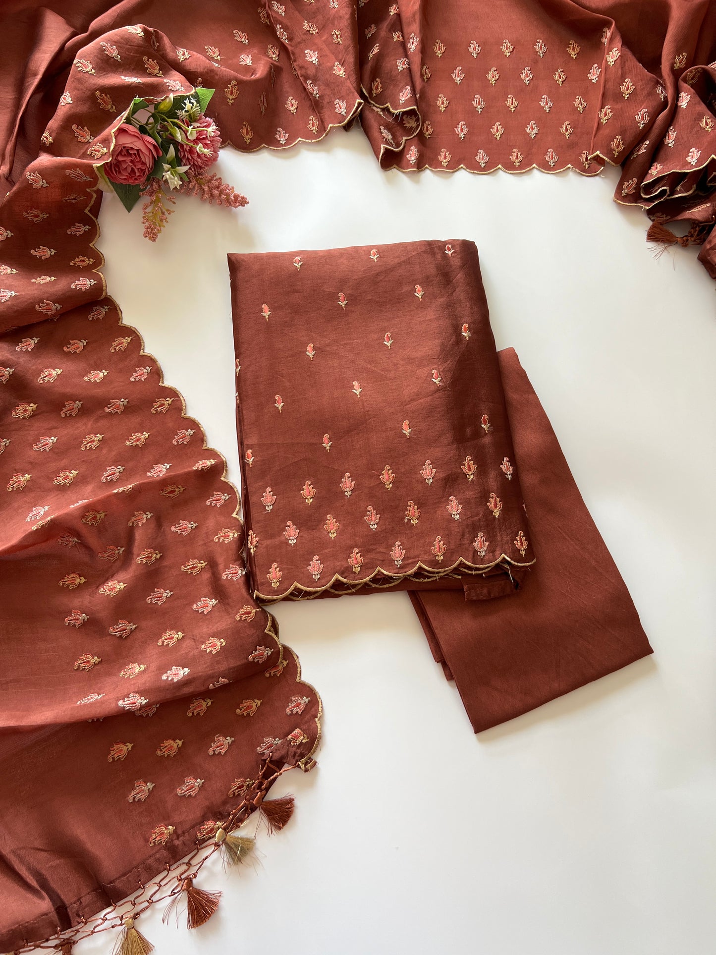 Brown Raw Mango handloom embroidered unstitched suit.