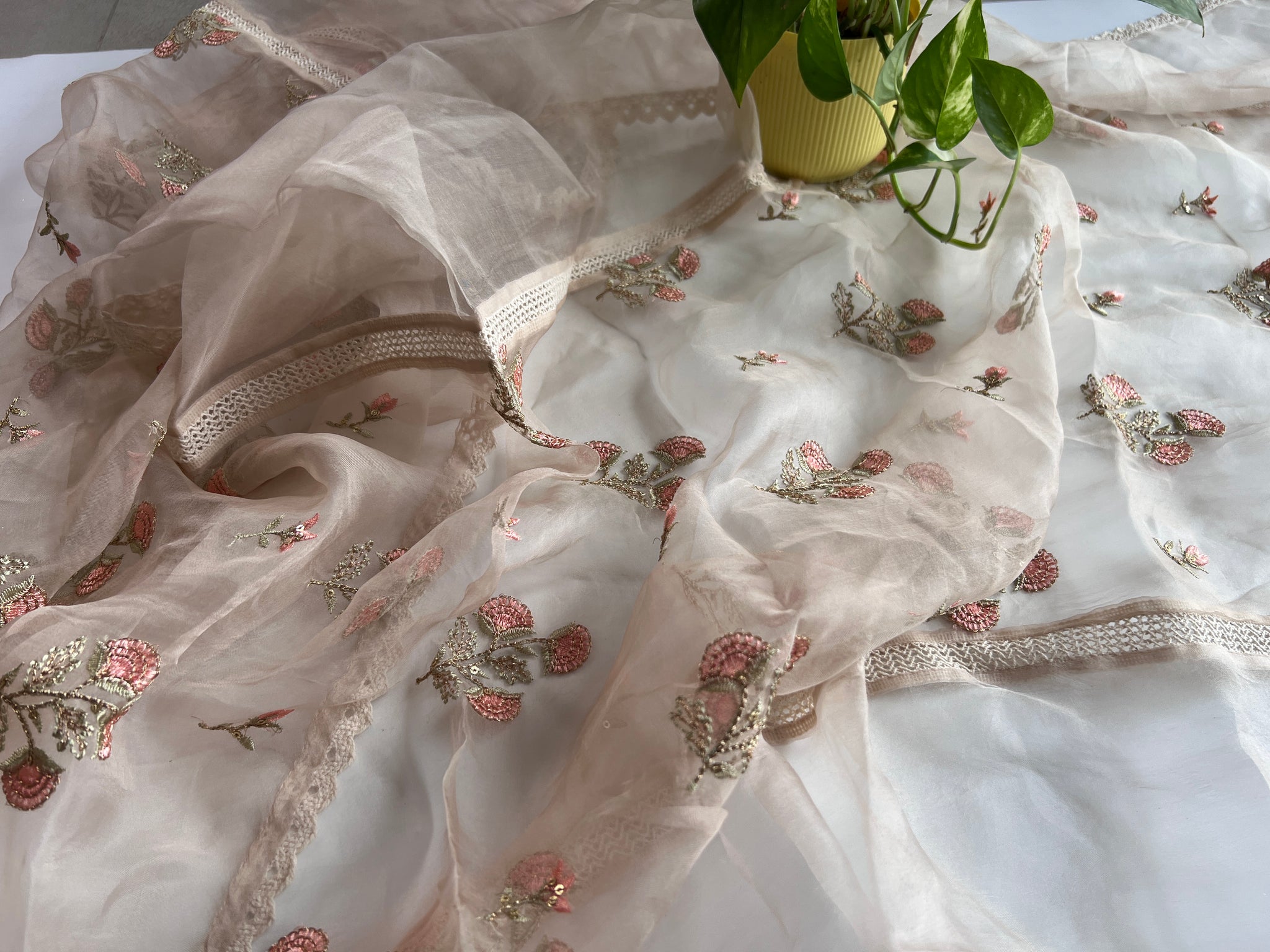 Organza Designer dupatta with floral embroidery