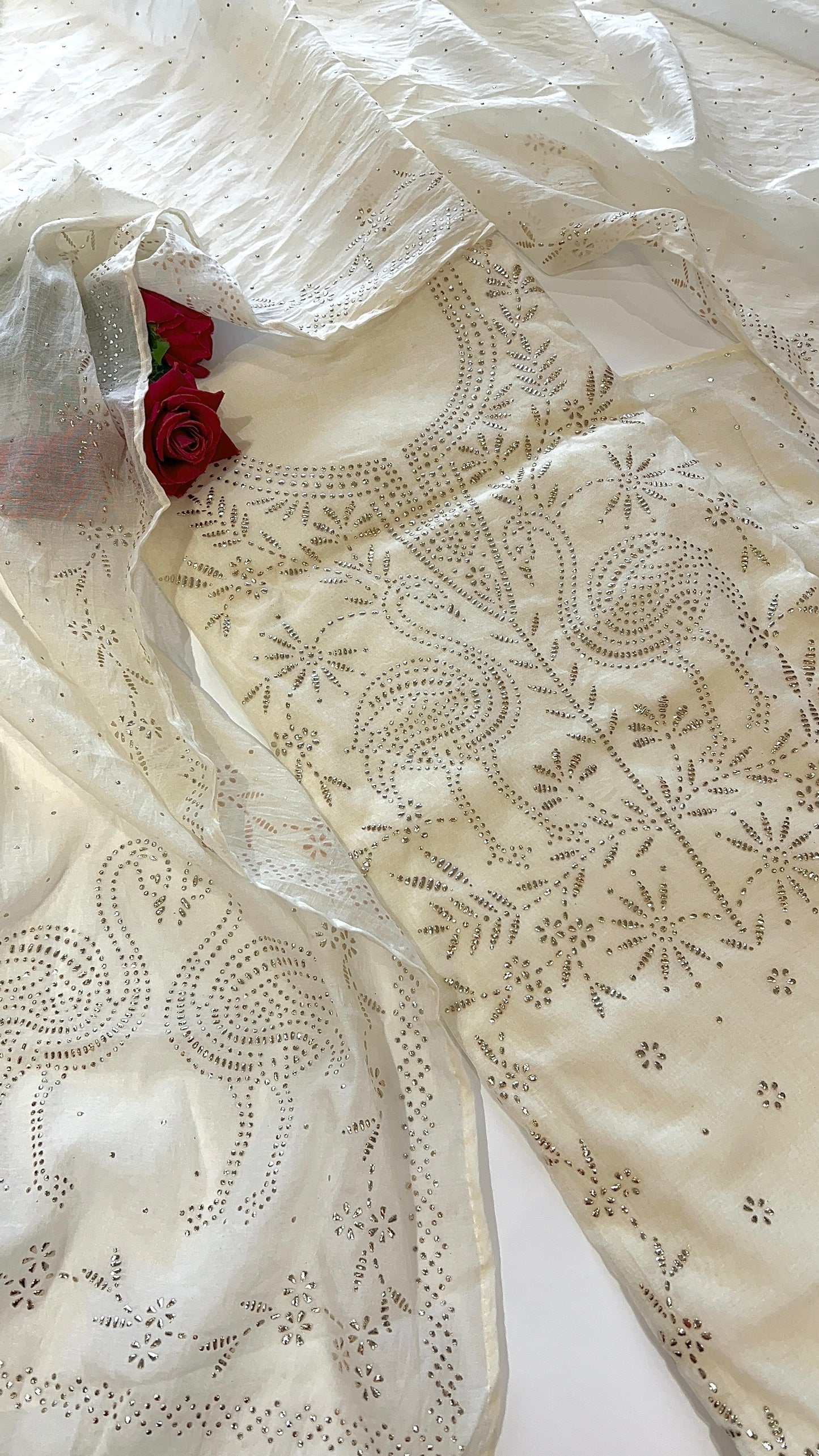 Off White Mul Chanderi dress material with mukaish -Flamingo
