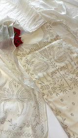Off White Mul Chanderi dress material with mukaish -Flamingo