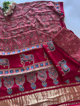 Maroon Ajrakh Handblock print 3 pc fabric Unstitched suit set