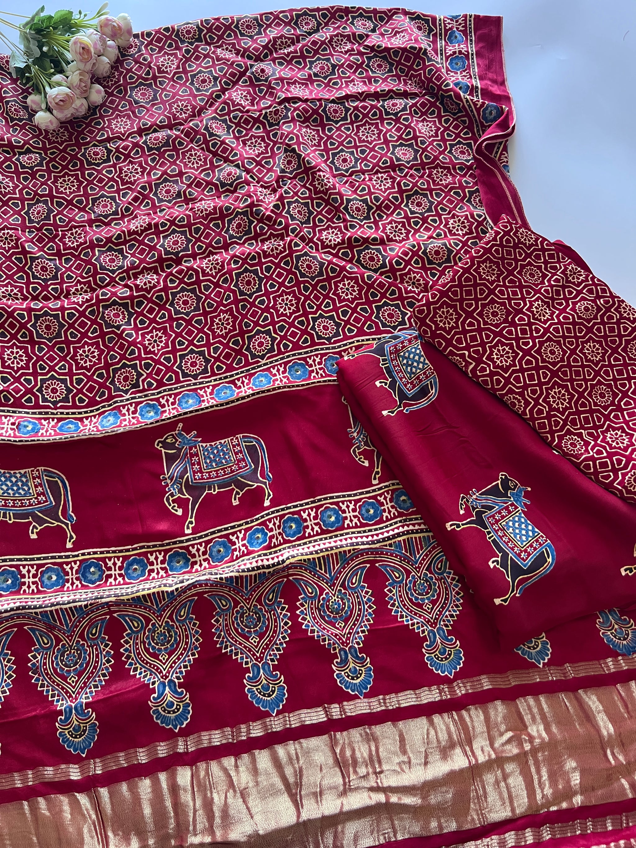 Maroon Ajrakh Handblock print 3 pc fabric Unstitched suit set