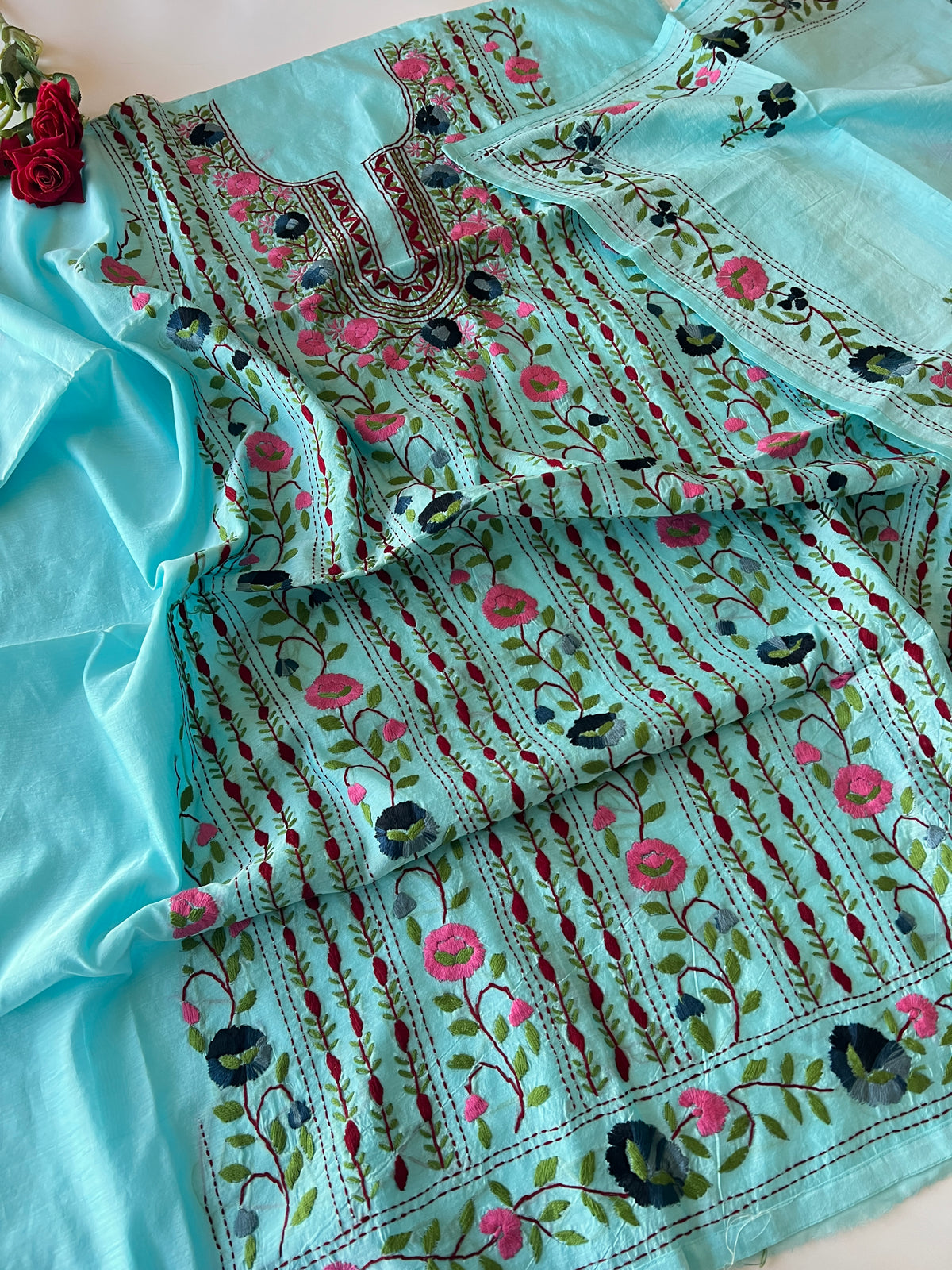 Sky blue Phulkari embroidery Unstitched suit material