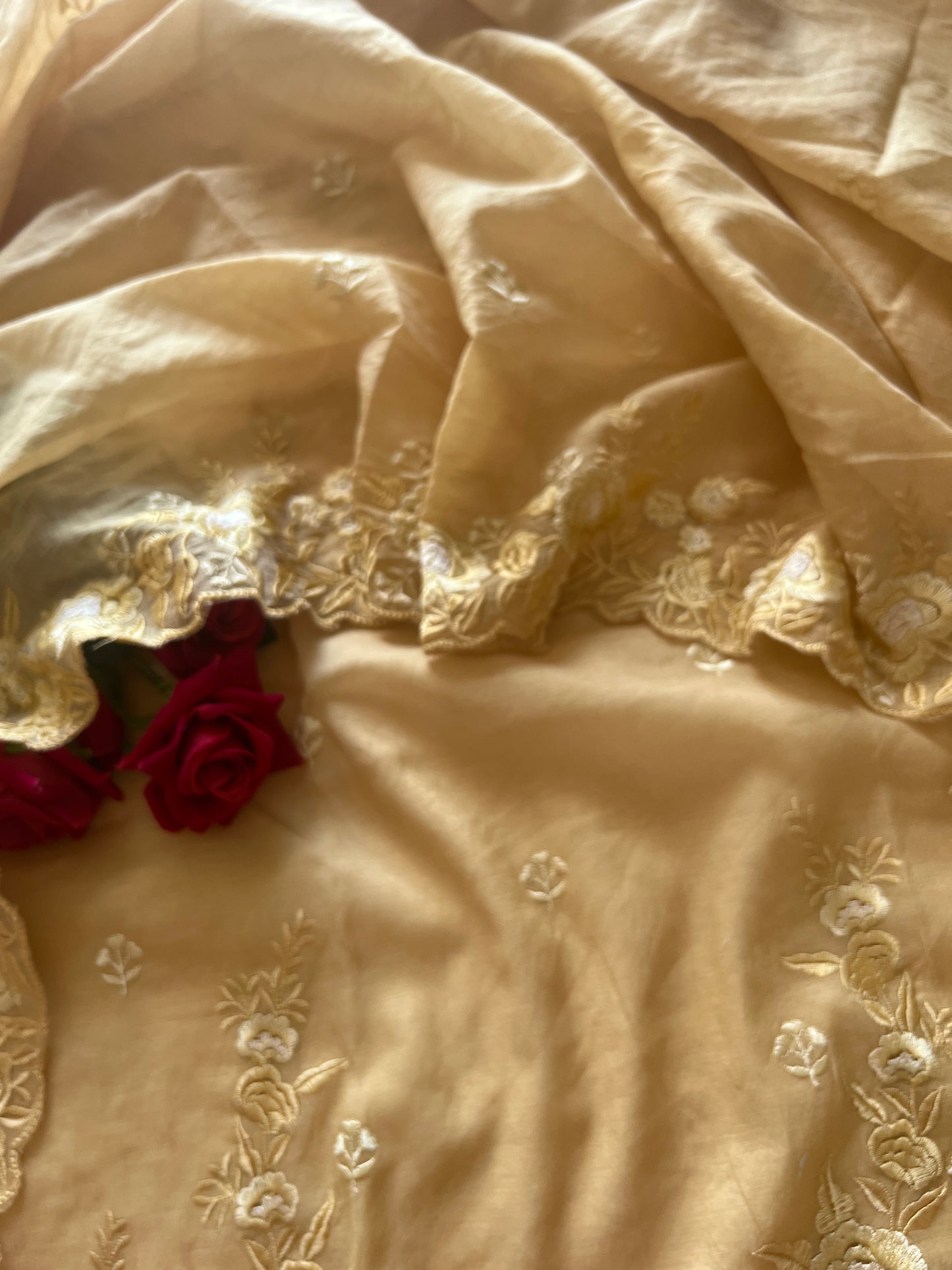 Yellow Mul Chanderi Thread embroidered Unstitched Suit