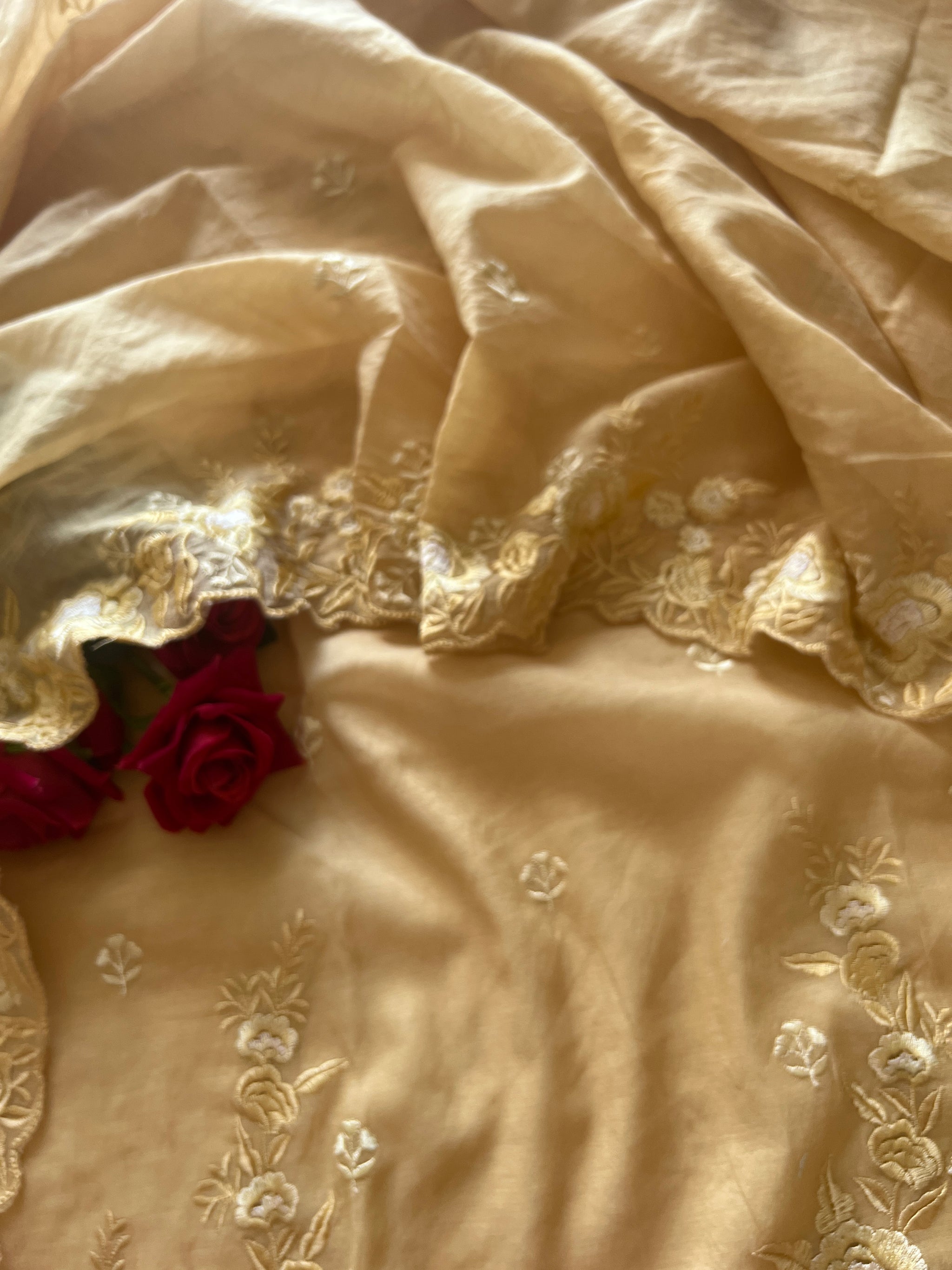 Yellow Mul Chanderi Thread embroidered Unstitched Suit